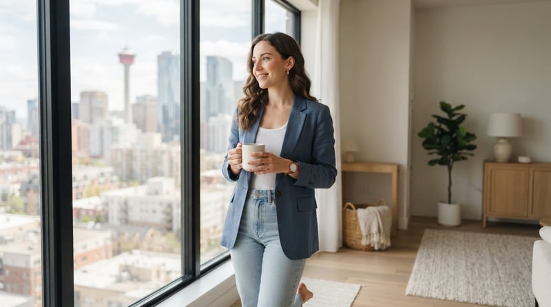 A young woman smiling in a bright modern Calgary apartment