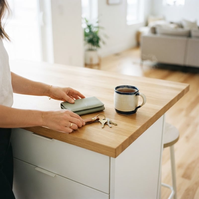 Clean desk space with keys and a wallet