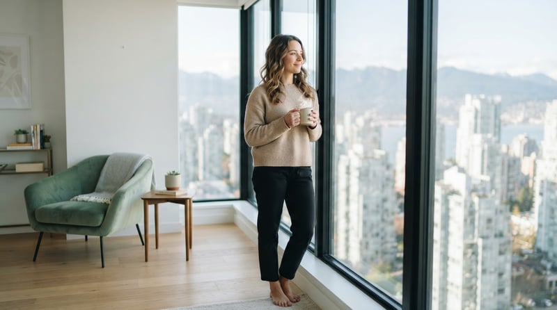 A calm young adult looking out a bright Vancouver apartment window
