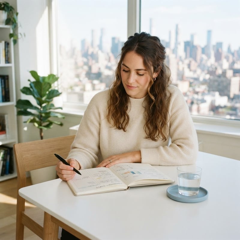 Young professional planning finances at a minimalist table