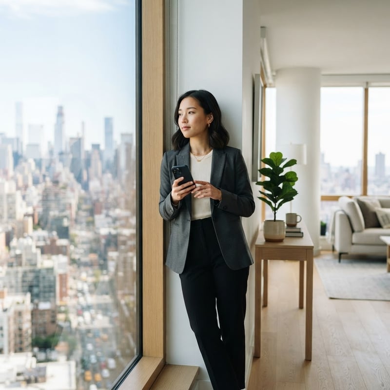 A young professional looking calm and thoughtful in a modern apartment