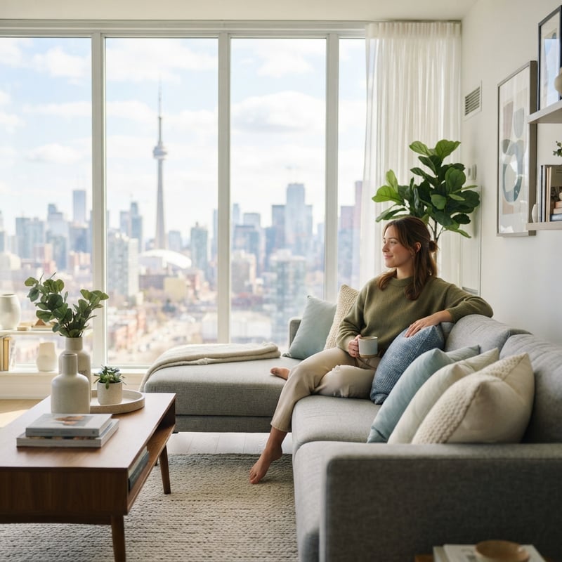 A woman relaxing in a bright modern apartment