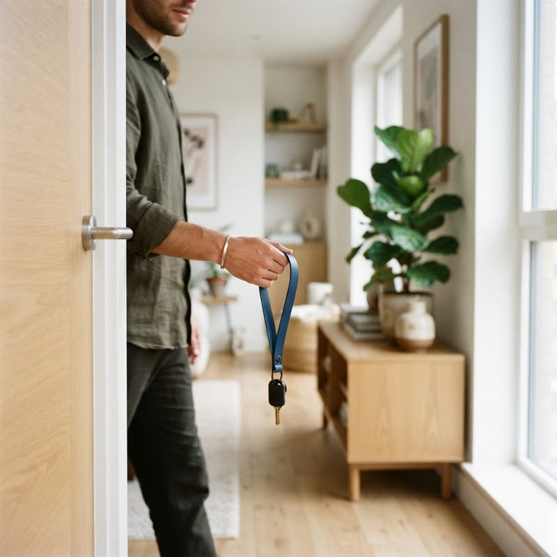 Person holding keys in a bright apartment setting