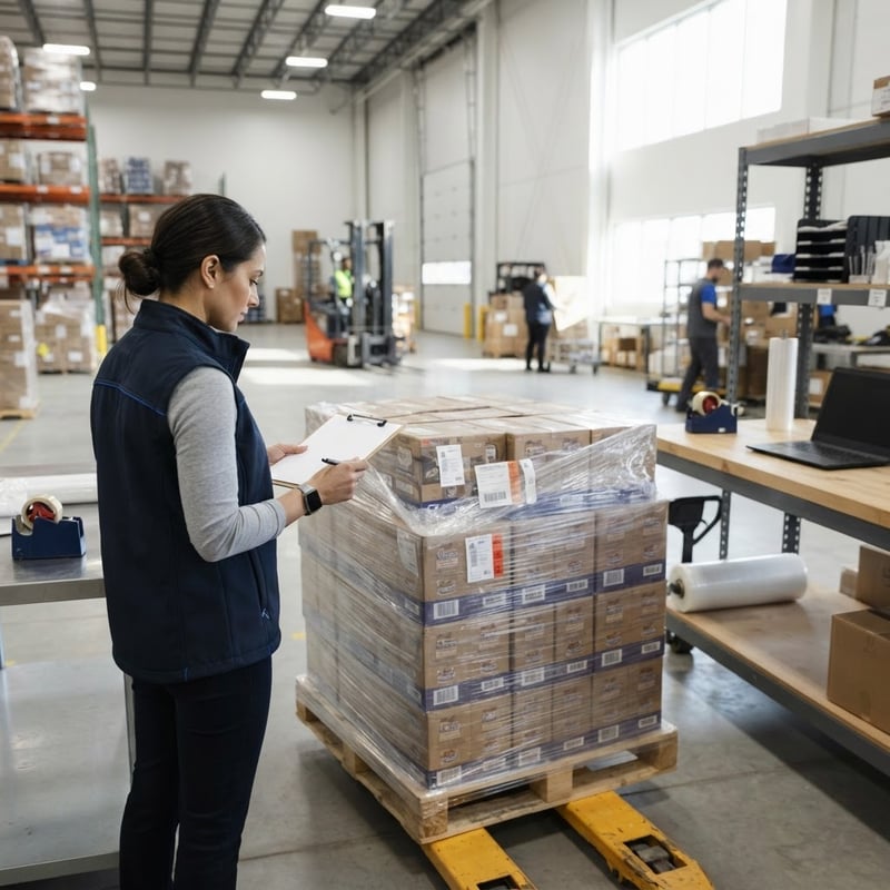 Manager checking a pallet of pet food in a warehouse