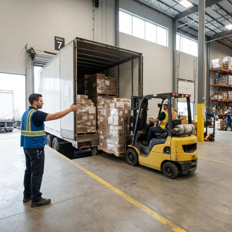 Worker directing pallet loading into a trailer at a warehouse