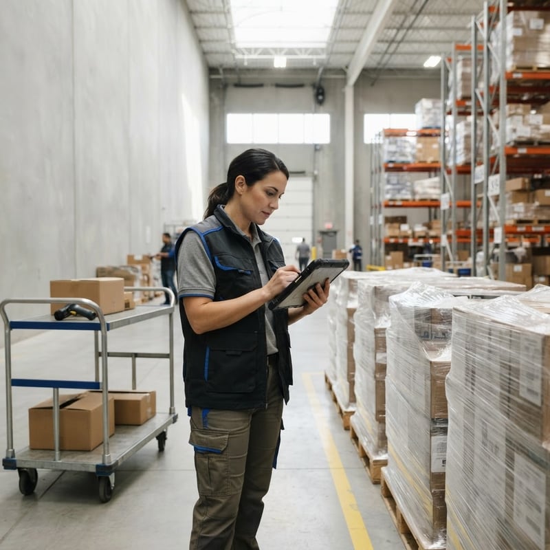 Warehouse manager reviewing freight on a tablet