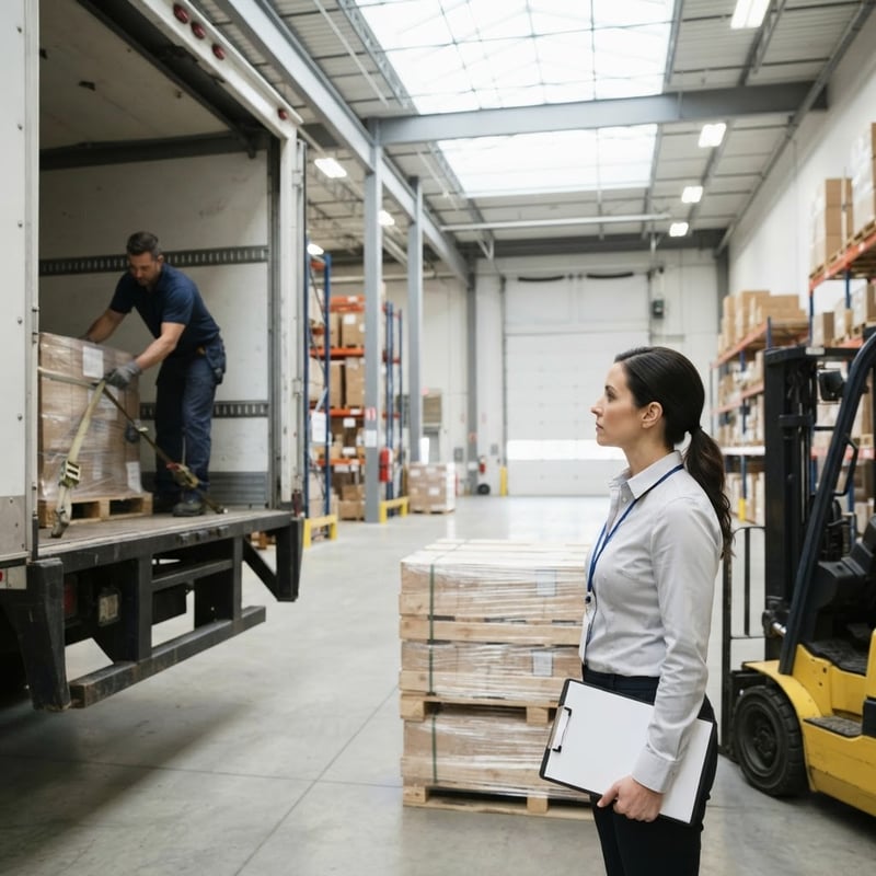 Logistics manager observing a truck being loaded in a bright warehouse