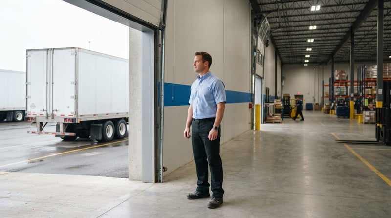 Logistics worker looking at a transport truck at a warehouse bay