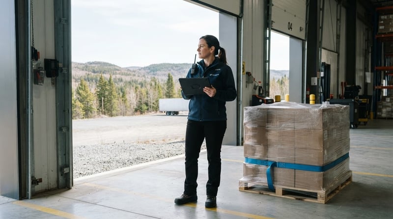 Warehouse supervisor checking shipping status on a tablet at a loading dock