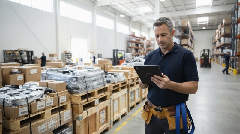 Warehouse supervisor checking shipment status on tablet