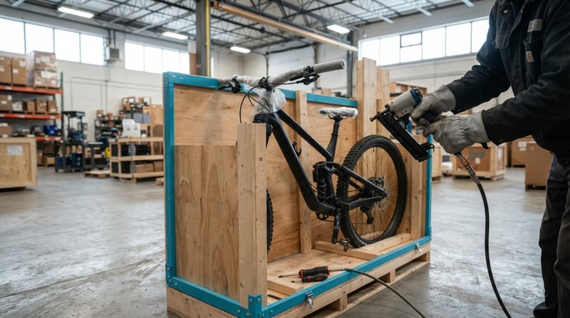 Worker securing a mountain bike crate for freight