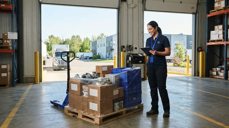 Logistics coordinator on a clean industrial loading dock in Terrebonne