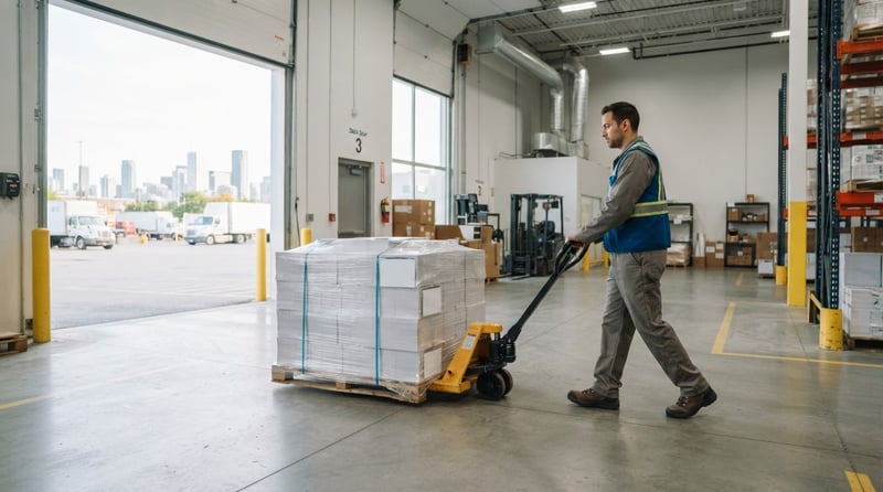 Warehouse worker moving a pallet of printed stock