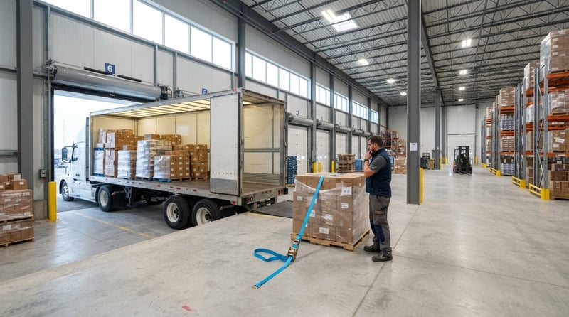 Professional transport truck at a clean warehouse loading bay