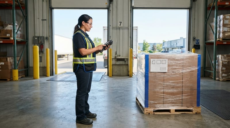 Logistics worker prepping a pallet for shipment in a warehouse