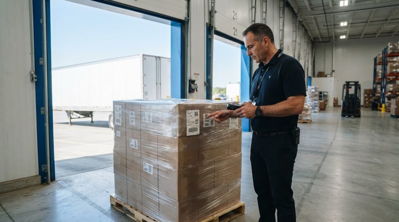 Warehouse supervisor verifying labeled pallet at industrial dock
