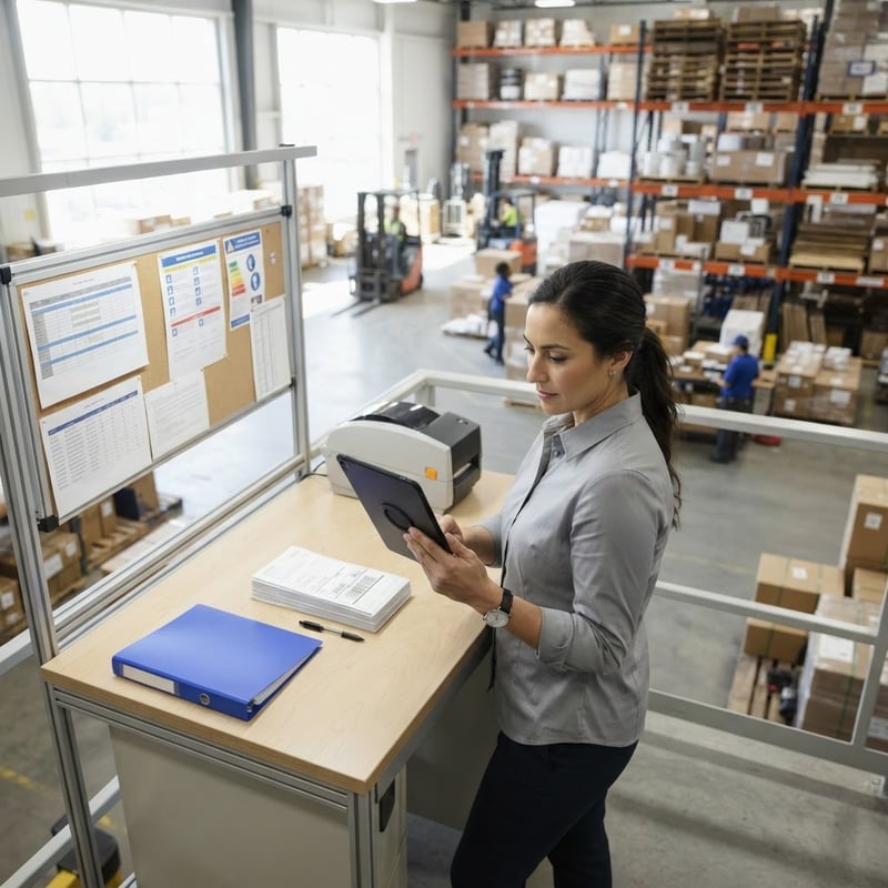 Logistics manager using a tablet to coordinate freight in a warehouse