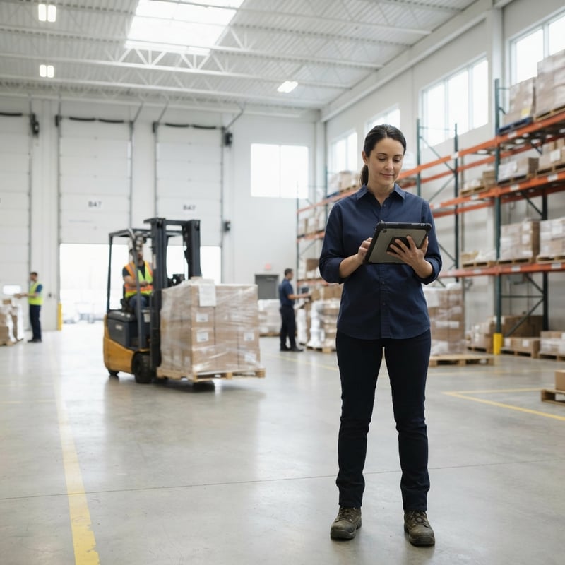 Logistics manager checking shipment in an organized warehouse