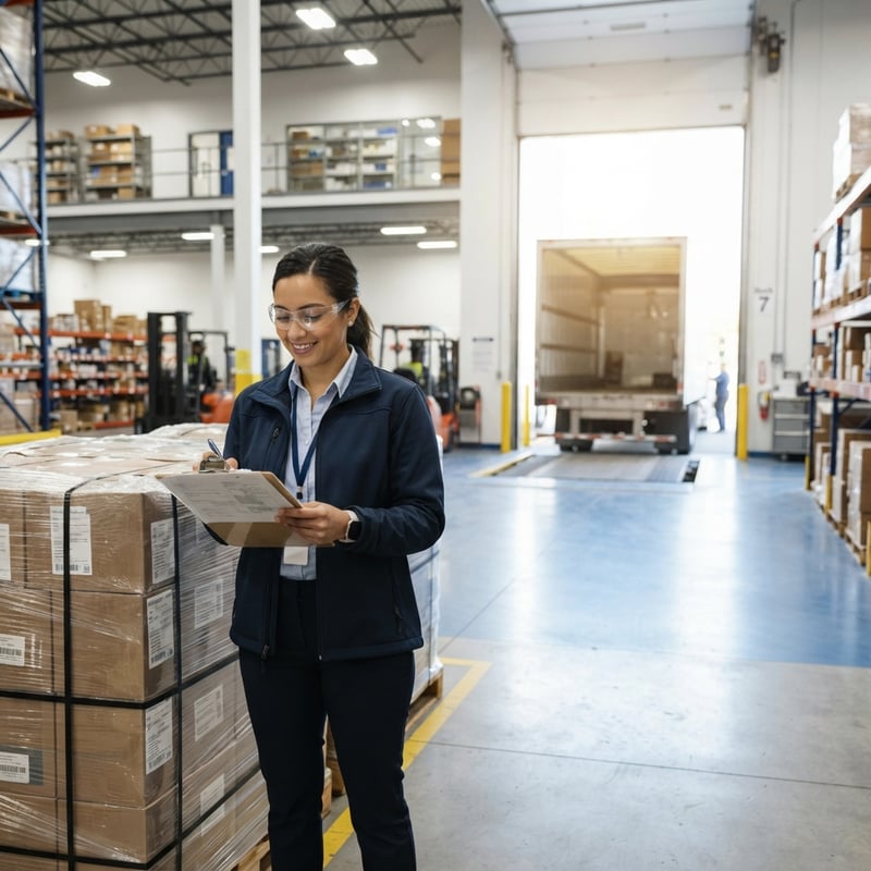 Logistics coordinator reviewing shipping documentation in a warehouse