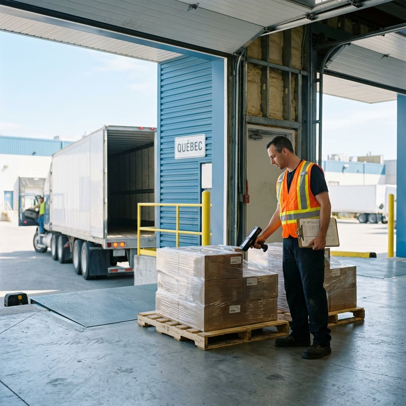 Warehouse worker scanning pallets on Quebec loading dock