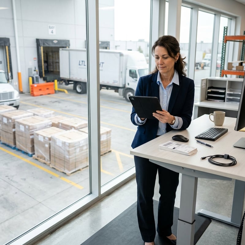 Logistics coordinator reviewing shipment on tablet at warehouse desk